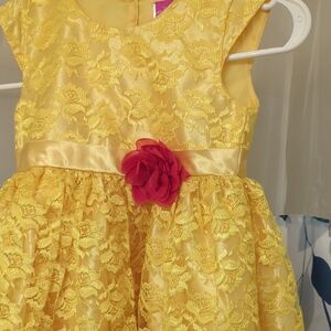 Yellow Lace Kids Dress with Pink Flower